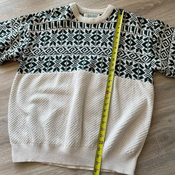 Vintage Fair Isle Knit Sweater Fisherman Cream & Green Chunky Cozy Unisex XL 90s - Picture 5 of 8